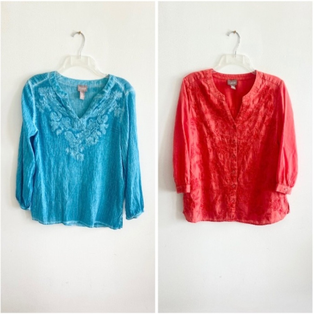 Chico's Embroidered Cotton Blouse Bundle Blue Coral Red Size 0 XS S Boho Lot 2